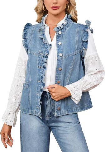 Women's Ruffled Sleeveless Denim Vest Summer Causal Button Down Jean Vest Top Sleeveless Jacket in Saudi Arabia