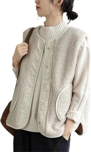 Women's V-neck Plush Vest Fall Thickened Loose Vest Retro Warm Winter Sleeveless Short Jacket in Saudi Arabia
