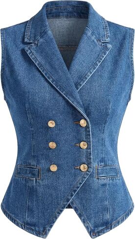 Ladyful Denim Vest Tops for Women Lapel V Neck Sleeveless Jean Vests Casual Button Down Western Suit Waistcoat Jacket in Saudi Arabia