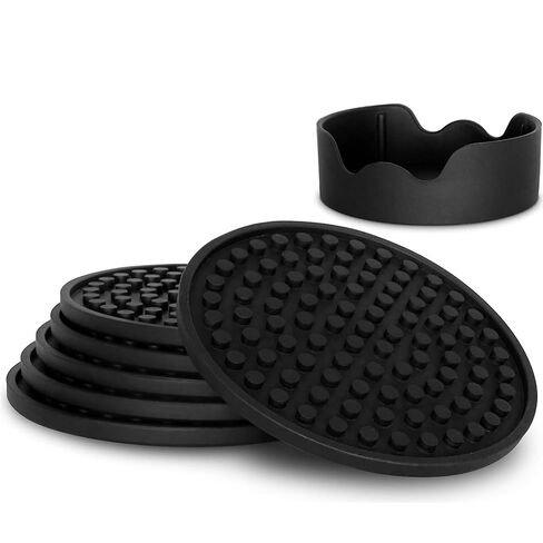 Barvivo Silicone Coasters with Holder Set of 8 - Cup Coasters for Indoor and Outdoor, Perfect Durable Coaster for Tabletop Protection, Anti Slip, Suitable for All Drinks & Table Types - Black in Saudi Arabia