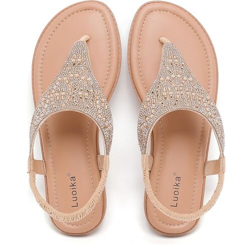 Luoika Women's Wide Width Flat Sandals, Flip Flop Thong Sandals Strappy Rhinestone Comfortable Summer Beach Shoes for Women. in Saudi Arabia