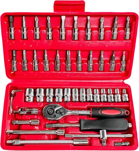 46PCS 1/4 Inch Car Repair Tool Set, Metric Socket Ratchet Wrench Set with Extension Bars & Bits, Quick-Release Ratchet Combination Tools Kit for Auto Repairing & Household in Saudi Arabia