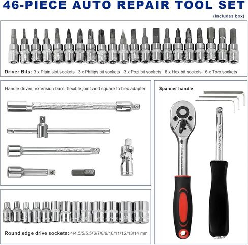 46PCS 1/4 Inch Car Repair Tool Set, Metric Socket Ratchet Wrench Set with Extension Bars & Bits, Quick-Release Ratchet Combination Tools Kit for Auto Repairing & Household in Saudi Arabia