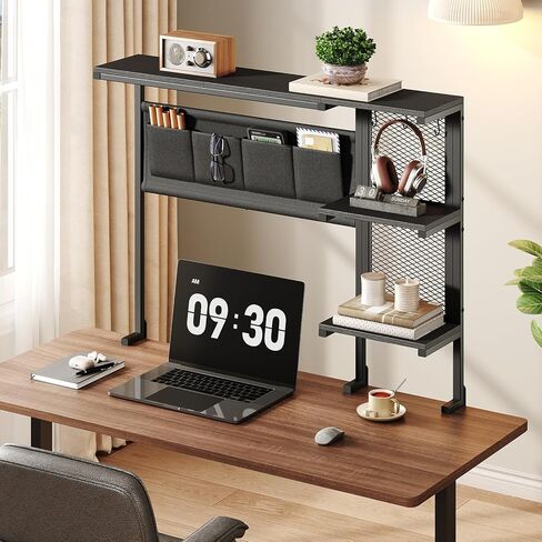 مشبك على رف المكتب مع Pegboard، رف موسع فوق المكتب بثلاث طبقات، رف كتب لسطح المكتب مع خطافات، منظم سطح المكتب لملحقات مكتب المكتب، رف تخزين سطح الطاولة، 38.3 بوصة عرض × 33 بوصة ارتفاع، أسود in Kuwait