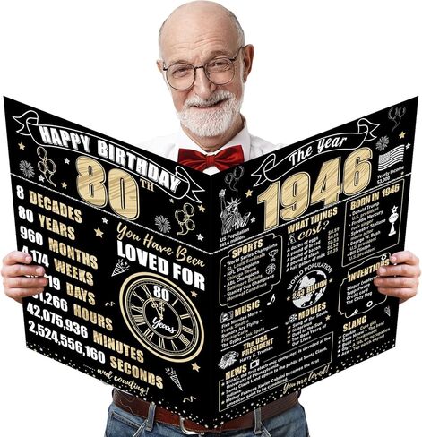 Large 80th Birthday Card With Envelope for Men Women, 1946 Black Gold Happy 80th Birthday Giant Guest Signature Book Gifts, Big Vintage 1946 80 Greeting Card Decoration Party Supplies in Kuwait