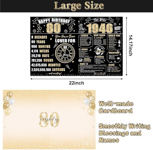 Large 80th Birthday Card With Envelope for Men Women, 1946 Black Gold Happy 80th Birthday Giant Guest Signature Book Gifts, Big Vintage 1946 80 Greeting Card Decoration Party Supplies in Kuwait