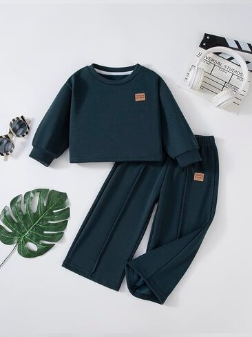 Modern Kids Two-Piece Outfit Set, Forest Green Long Sleeve Top and Pants, Ribbed Knit Casual for Little Girls. in Saudi Arabia