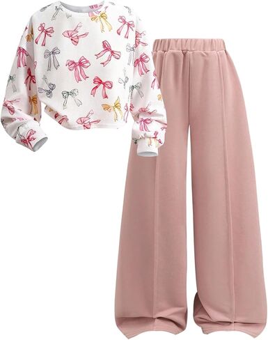 SweatyRocks Girl's Two Piece Outfits Bow Graphic Sweatsuit Cute Sweatshirt and Pants Sets in Saudi Arabia
