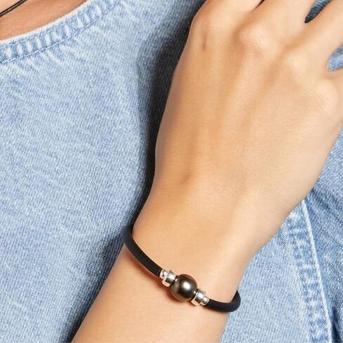 The Pearl Source Pearl Bracelet 11-12mm Black Tahitian Pearl with Rubber Band and Sterling Silver Clasp in Saudi Arabia