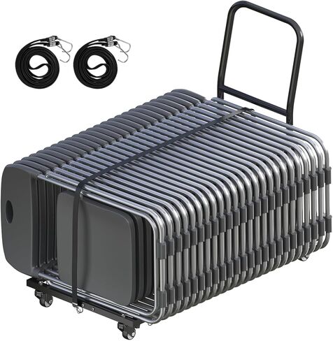 Adjustable Folding Chair Cart with Wheels & Two 78.7in Ropes, 300 LBS Capacity for 35 Chairs Heavy-Duty Folding Chair Dolly, Multi-Function Storage Cart for Party, Wedding, Meeting, Black in Saudi Arabia