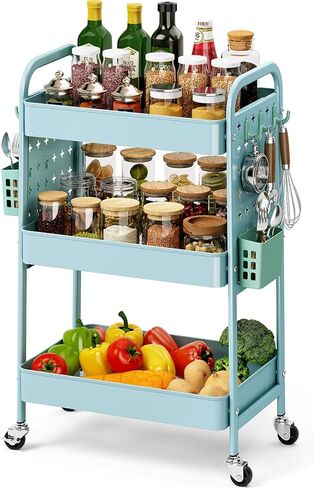 عربة دوارة من 3 طبقات من KINGRACK مع لوحة Pegboard DIY، وعربة أدوات معدنية مع عجلات وخطافات وسلال، منظم تخزين قوي للحرف اليدوية والحمام والمطبخ والمكتب والحضانة والفصول الدراسية (أبيض) in Kuwait