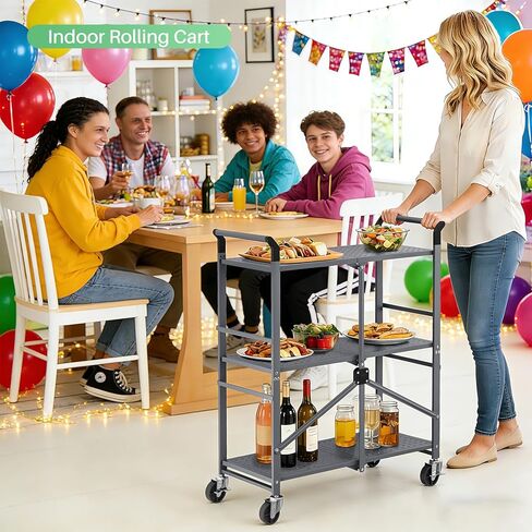 3 Tier Utility Carts - Folding Metal Rolling Cart with Wheels for Kitchen Office Garage Storage, Grey in Kuwait