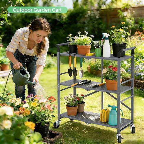 3 Tier Utility Carts - Folding Metal Rolling Cart with Wheels for Kitchen Office Garage Storage, Grey in Kuwait