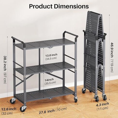 3 Tier Utility Carts - Folding Metal Rolling Cart with Wheels for Kitchen Office Garage Storage, Grey in Kuwait