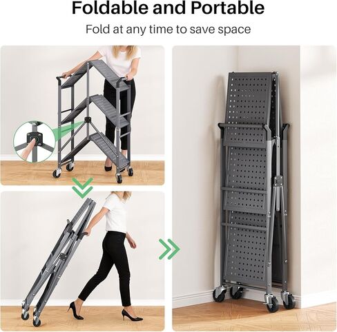 3 Tier Utility Carts - Folding Metal Rolling Cart with Wheels for Kitchen Office Garage Storage, Grey in Kuwait