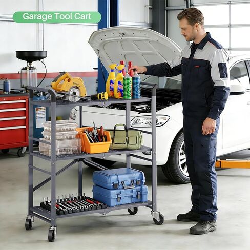 3 Tier Utility Carts - Folding Metal Rolling Cart with Wheels for Kitchen Office Garage Storage, Grey in Kuwait
