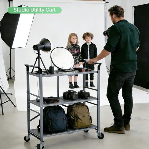 3 Tier Utility Carts - Folding Metal Rolling Cart with Wheels for Kitchen Office Garage Storage, Grey in Kuwait