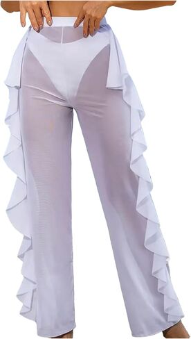 SHENHE Women's Solid Sheer See Through High Waist Wide Leg Cover Up Pants Bathing Suit in Kuwait