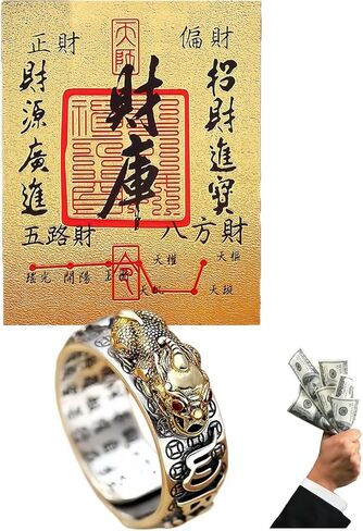Vintage Feng Shui PiXiu Mantra Ring, Open Engraved Lucky Card Wealth Adjustable Win Protection Jewelry for Men Women (with Gift Box) in Saudi Arabia