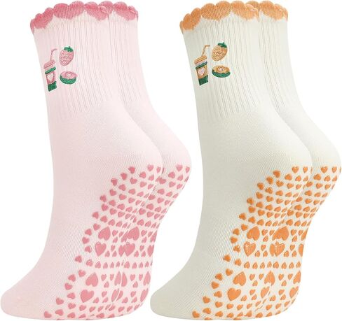 Pilates Grip Socks for Women, 2/4 Pairs Ruffle Yoga Sock Cotton Grippy Athletic Crew Socks Gift for Barre Workout in Saudi Arabia