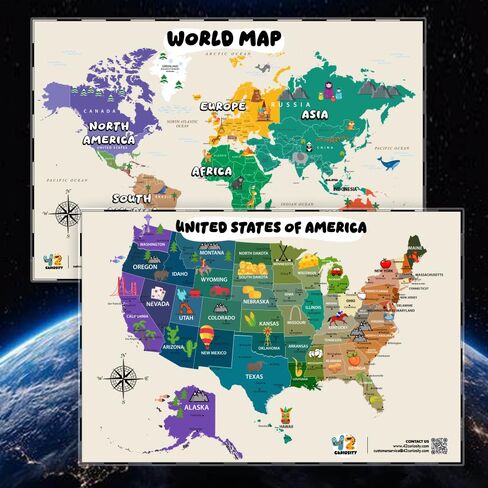 Large 24" x 36" Illustrated World Map & USA Map for Kids – Laminated Write-On Wipe-Off Educational Wall Maps for Classroom & Homeschool – Made in USA – by 42 Curiosity in Saudi Arabia