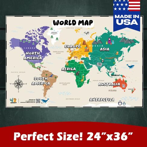 Large 24" x 36" Illustrated World Map & USA Map for Kids – Laminated Write-On Wipe-Off Educational Wall Maps for Classroom & Homeschool – Made in USA – by 42 Curiosity in Saudi Arabia