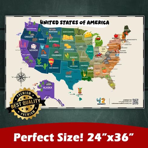 Large 24" x 36" Illustrated World Map & USA Map for Kids – Laminated Write-On Wipe-Off Educational Wall Maps for Classroom & Homeschool – Made in USA – by 42 Curiosity in Saudi Arabia