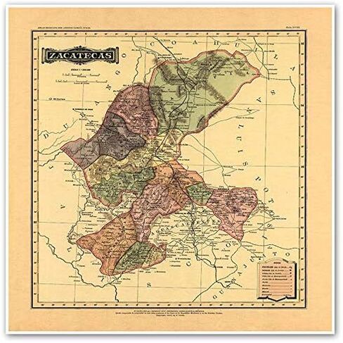 خرائط Antiguos Estado Libre y Soberano de Zacatecas من Atlas Mexicano حوالي عام 1884 | ملصق مطبوع فني لتزيين الحائط العتيق | 24 × 24 بوصة (610 مم × 610 مم) in Kuwait