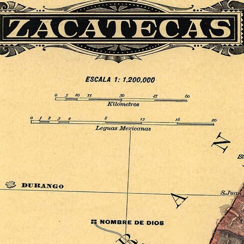 خرائط Antiguos Estado Libre y Soberano de Zacatecas من Atlas Mexicano حوالي عام 1884 | ملصق مطبوع فني لتزيين الحائط العتيق | 24 × 24 بوصة (610 مم × 610 مم) in Kuwait
