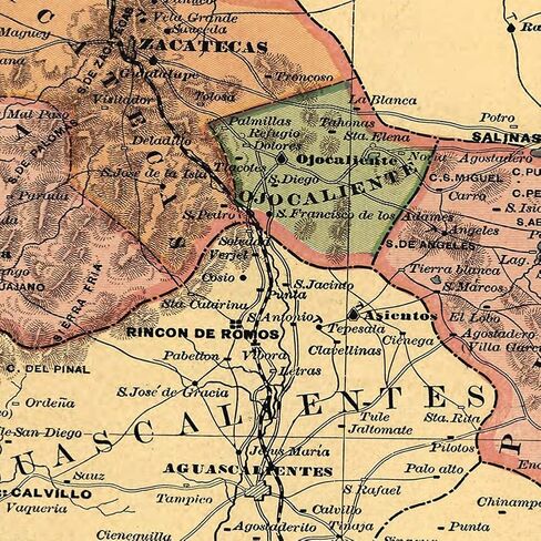 خرائط Antiguos Estado Libre y Soberano de Zacatecas من Atlas Mexicano حوالي عام 1884 | ملصق مطبوع فني لتزيين الحائط العتيق | 24 × 24 بوصة (610 مم × 610 مم) in Kuwait
