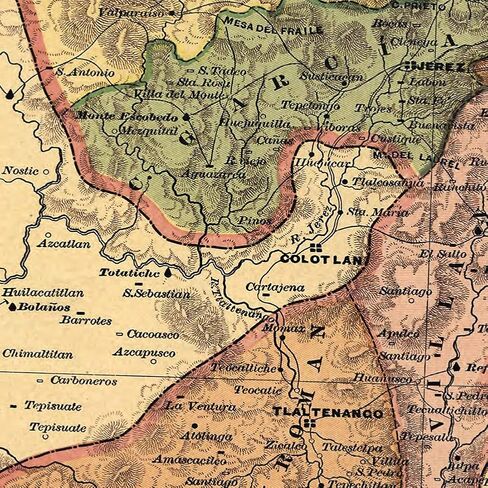 خرائط Antiguos Estado Libre y Soberano de Zacatecas من Atlas Mexicano حوالي عام 1884 | ملصق مطبوع فني لتزيين الحائط العتيق | 24 × 24 بوصة (610 مم × 610 مم) in Kuwait