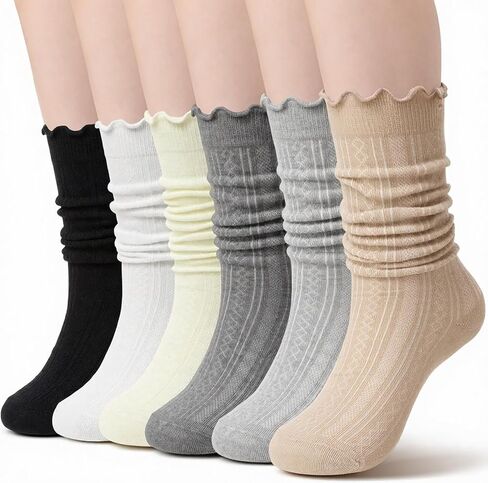 6 Pairs Ruffle Slouchy Crew Socks for Women Turncuff Casual Soft Lettuce Women's Slouch Scrunch Boot Socks Colorful in Saudi Arabia