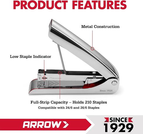 Arrow Metal Stapler, Full-Strip Stapler for Desk with 2520 Staples, 25 Sheet Capacity, Rear Staple Storage, Dual-Mode Anvil, Non-Slip Base, for Office, Classroom, and School in Saudi Arabia
