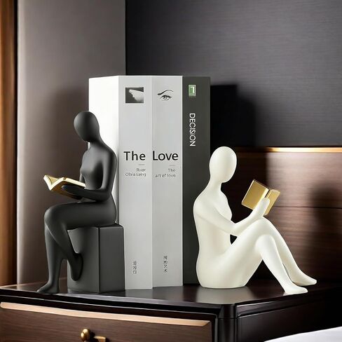 Home Decorative Reading Women Girl Statue Bookends Elegant Resin Bookshelf Room Office Desk Decor,Paper Weights, Book Ends,Bookend Supports, Book Stoppers, Set of 2 (Black and White) in Saudi Arabia