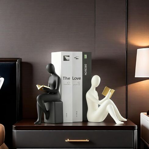 Home Decorative Reading Women Girl Statue Bookends Elegant Resin Bookshelf Room Office Desk Decor,Paper Weights, Book Ends,Bookend Supports, Book Stoppers, Set of 2 (Black and White) in Saudi Arabia