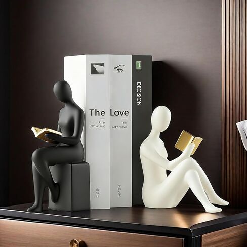 Home Decorative Reading Women Girl Statue Bookends Elegant Resin Bookshelf Room Office Desk Decor,Paper Weights, Book Ends,Bookend Supports, Book Stoppers, Set of 2 (Black and White) in Saudi Arabia