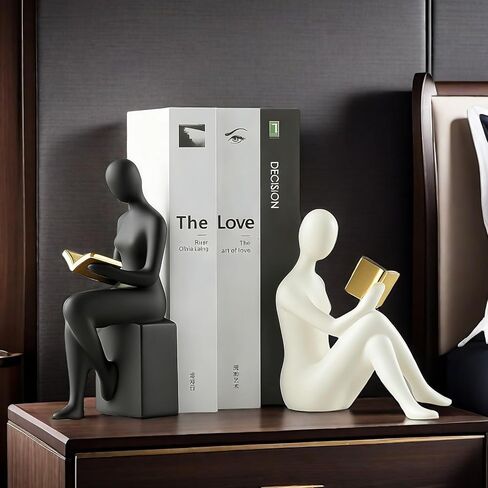 Home Decorative Reading Women Girl Statue Bookends Elegant Resin Bookshelf Room Office Desk Decor,Paper Weights, Book Ends,Bookend Supports, Book Stoppers, Set of 2 (Black and White) in Saudi Arabia
