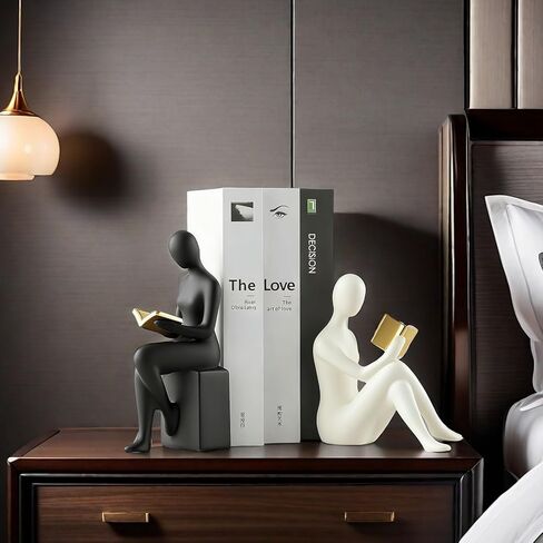 Home Decorative Reading Women Girl Statue Bookends Elegant Resin Bookshelf Room Office Desk Decor,Paper Weights, Book Ends,Bookend Supports, Book Stoppers, Set of 2 (Black and White) in Saudi Arabia