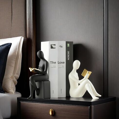 Home Decorative Reading Women Girl Statue Bookends Elegant Resin Bookshelf Room Office Desk Decor,Paper Weights, Book Ends,Bookend Supports, Book Stoppers, Set of 2 (Black and White) in Saudi Arabia