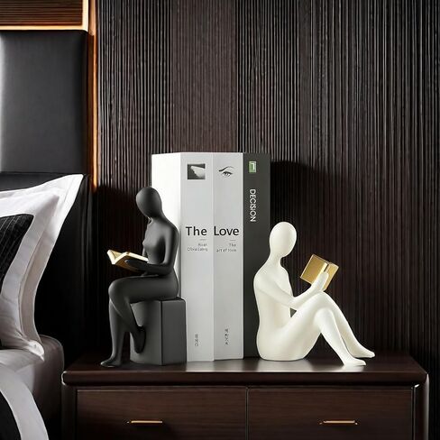 Home Decorative Reading Women Girl Statue Bookends Elegant Resin Bookshelf Room Office Desk Decor,Paper Weights, Book Ends,Bookend Supports, Book Stoppers, Set of 2 (Black and White) in Saudi Arabia