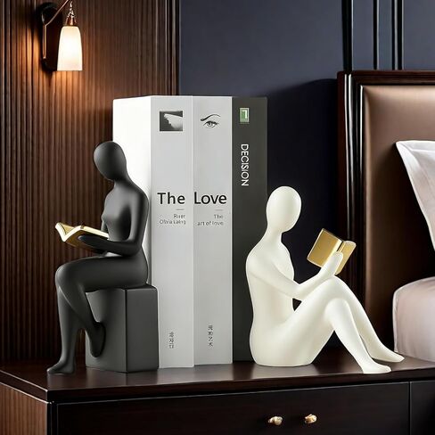 Home Decorative Reading Women Girl Statue Bookends Elegant Resin Bookshelf Room Office Desk Decor,Paper Weights, Book Ends,Bookend Supports, Book Stoppers, Set of 2 (Black and White) in Saudi Arabia