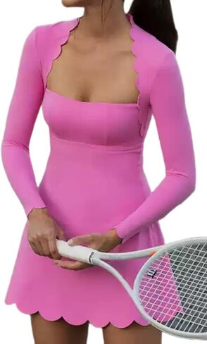 Womens Tennis Dress Solid Color Lace Collar Long Sleeve Mini Exercise High-Waisted A-line Athletic Dresses in Kuwait