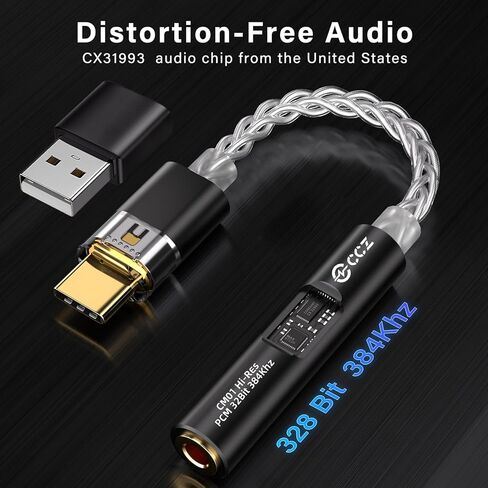محول سماعة رأس صوت USB C إلى 3.5 ملم مع CX31993 MAX97220 ثنائي الشريحة دونجل Hi-Res DAC، USB-A ونوع C/USB-C إلى محول Aux، كابل CCZ CM01 8-Strand أحادي كريستال نحاسي مطلي بالفضة IEM (أسود) in Kuwait