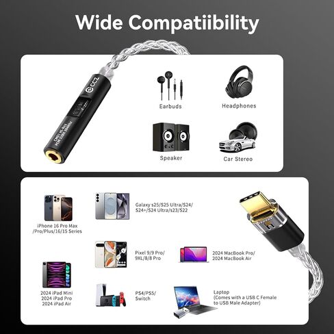 محول سماعة رأس صوت USB C إلى 3.5 ملم مع CX31993 MAX97220 ثنائي الشريحة دونجل Hi-Res DAC، USB-A ونوع C/USB-C إلى محول Aux، كابل CCZ CM01 8-Strand أحادي كريستال نحاسي مطلي بالفضة IEM (أسود) in Kuwait