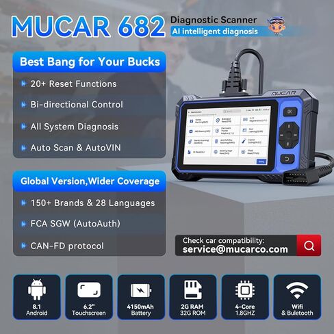 ماسح ضوئي OBD2، أداة تشخيص السيارة MUCAR 682 المدعومة بالذكاء الاصطناعي، أداة مسح ضوئي ثنائية الاتجاه للسيارات، ماسح ضوئي لتشخيص الأنظمة الكاملة للسيارة، ماسح ضوئي للسيارة مع 20+ إعادة ضبط، CAN FD & FCA SGW، تحديث مجاني مدى الحياة in Kuwait