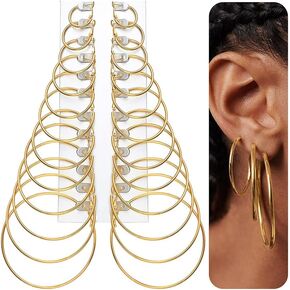 12 زوجًا من الأقراط الدائرية الذهبية للنساء، مجموعة أقراط دائرية كبيرة وخفيفة الوزن مطلية بالذهب عيار 14 قيراط، مجموعة أقراط دائرية صغيرة لا تسبب الحساسية in Kuwait