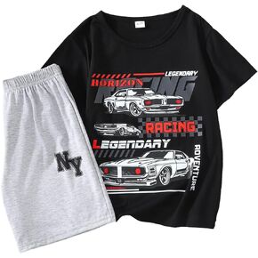 Boys Clothes 2-Piece Summer Outfit Car Print T-Shirt & Letter Print Shorts for Kids Clothing Set 6-12Y in Kuwait
