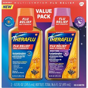 Theraflu ماكس قوة تخفيف أعراض الانفلونزا النهارية - 8.3 أوقية سائلة بالإضافة إلى دواء الأنفلونزا الليلي Max Strength من Theraflu لتخفيف أعراض الانفلونزا - 8.3 أوقية سائلة، حزمة التحرير والسرد in Kuwait