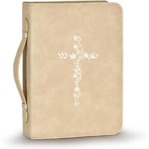 غطاء الكتاب المقدس للنساء، حقيبة كبيرة للكتاب المقدس مع حزام كتف - حقيبة حمل متينة من جلد البولي يوريثان، هدايا مسيحية للنساء والفتيات والمراهقين (بيج/ذهبي) in Kuwait