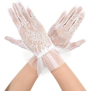 Short Lace Gloves with Pearls, Women’s Vintage Elegant Tulle Border Mesh Gloves for Wedding Tea Party Opera Evening, 1920s Bridal Fingerless Mittens in Saudi Arabia
